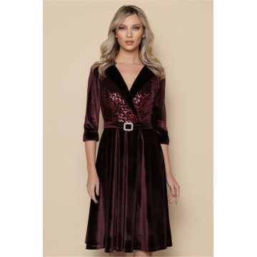 Rochie MBG bordo din catifea cu paiete si decolteu petrecut