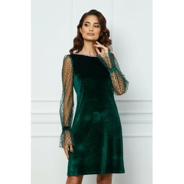 Rochie MBG verde din catifea cu maneci din tull cu buline