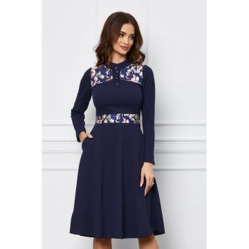 Rochie Moze bleumarin cu imprimeu floral pe bust si talie