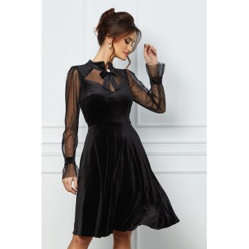 Rochie Moze neagra din catifea cu funda la guler