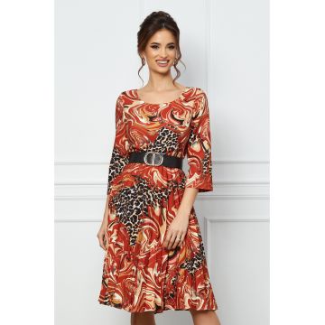 Rochie Nina caramizie cu imprimeuri bej si curea in talie Rochie Nina caramizie cu imprimeuri bej si curea in talie