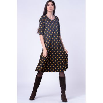 Rochie A line midi, imprimeu buline galbene pe fond negru