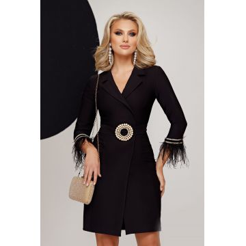 Rochie de ocazie Fofy tip sacou neagra cu catarama glamour si aplicatii de pene