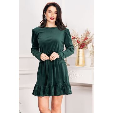 Rochie de zi Cherry din catifea verde cu volanas