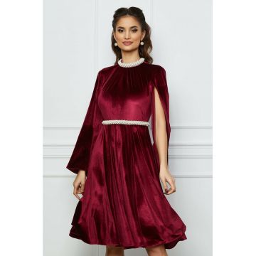 Rochie Dy Fashion bordo din catifea cu maneci sparte si perle