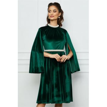 Rochie Dy Fashion verde din catifea cu maneci sparte si perle