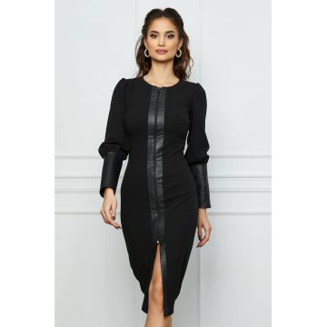 Rochie Moze neagra cu insertii din piele ecologica si fermoar