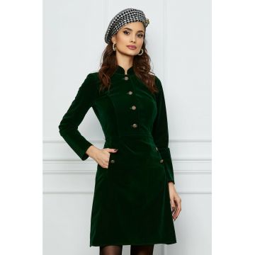 Rochie Moze verde din catifea cu nasturi la bust