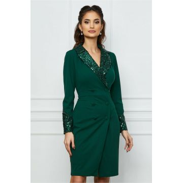 Rochie Moze verde tip sacou cu rever din paiete