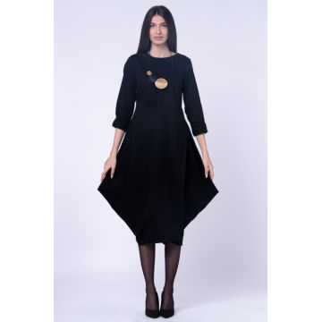 Rochie neagra din poplin de bumbac petrecuta, cu colturi laterale extravagante