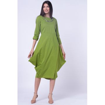 Rochie verde olive din poplin de bumbac petrecuta, cu colturi laterale extravagante