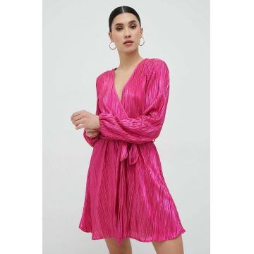 Bardot rochie culoarea violet, mini, evazati