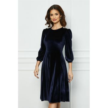 Rochie Dy Fashion bleumarin din catifea cu accesorii la umeri