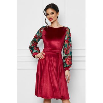 Rochie Dy Fashion bordo cu maneci din dantela