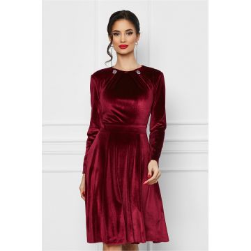 Rochie Dy Fashion bordo din catifea cu nasturi la bust