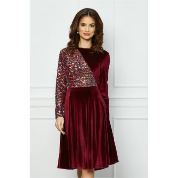 Rochie Dy Fashion bordo din catifea cu paiete la bust