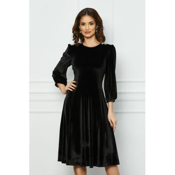 Rochie Dy Fashion neagra din catifea cu accesorii la umeri