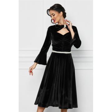 Rochie Dy Fashion neagra din catifea cu decupaj la decolteu