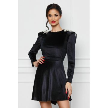 Rochie Dy Fashion neagra din catifea cu franjuri la umeri