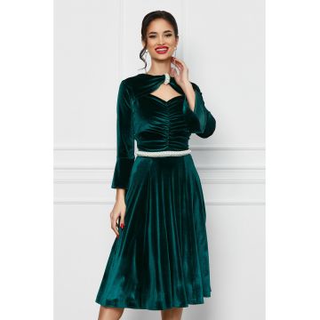 Rochie Dy Fashion verde din catifea cu decupaj la decolteu