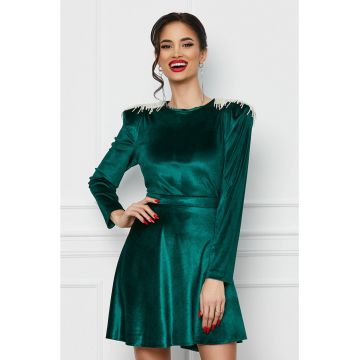 Rochie Dy Fashion verde din catifea cu franjuri la umeri