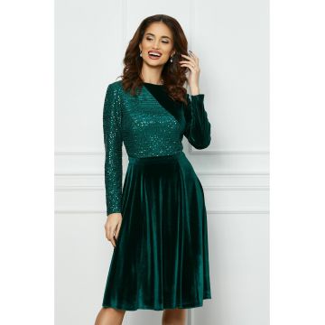 Rochie Dy Fashion verde din catifea cu paiete la bust