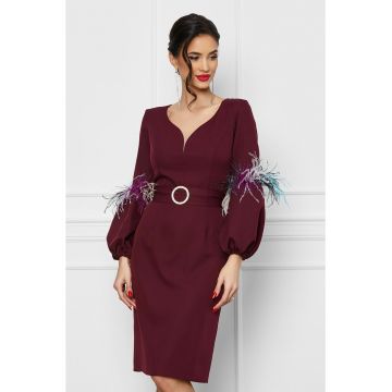 Rochie Ella Collection Kely bordo cu pene pe maneci