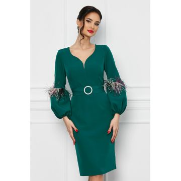 Rochie Ella Collection Kely verde cu pene pe maneci