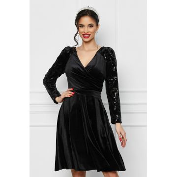 Rochie Ella Collection Sandi neagra din catifea cu paiete pe maneci