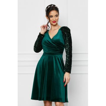 Rochie Ella Collection Sandi verde din catifea cu paiete pe maneci