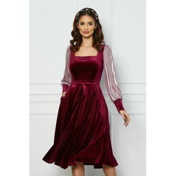 Rochie Ella Collection Valeria magenta din catifea cu maneci din tull