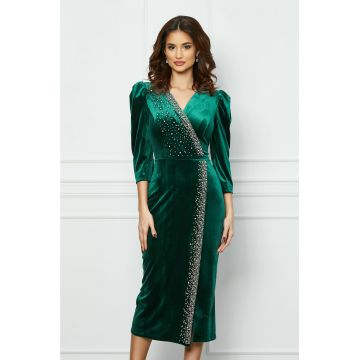 Rochie Jasmin verde din catifea cu strasuri si perlute