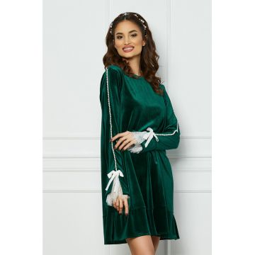 Rochie LaDonna verde cu perle si dantela pe maneci