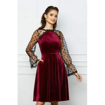 Rochie Moze magenta cu buline catifelate pe maneci