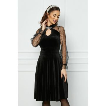 Rochie Moze neagra din catifea cu maneci din tull