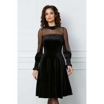 Rochie Moze neagra din catifea cu tull si buline pe maneci