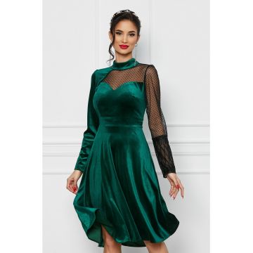 Rochie Moze verde din catifea cu o maneca din tull