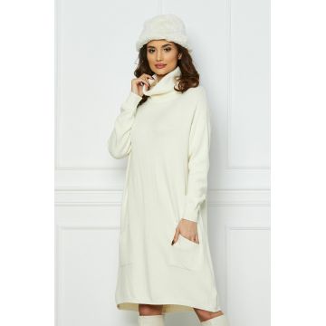 Rochie Vikky casual ivory cu guler inalt si buzunare