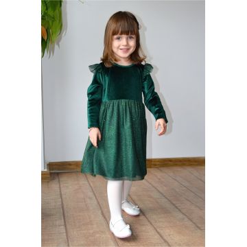 Rochita pentru fetite Dy Fashion verde din catifea si tull cu sclipici