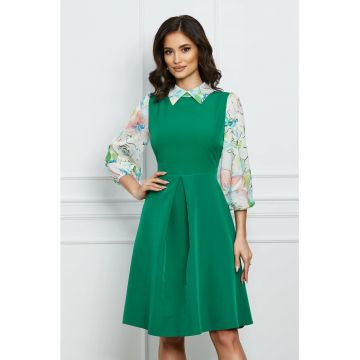 Rochie Dy Fashion verde cu imprimeu pe maneci si guler