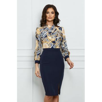 Rochie MBG bleumarin cu imprimeu alb si galben la bust