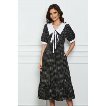Rochie Melisa neagra cu buline si guler ascutit