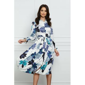 Rochie Dy Fashion alba cu imprimeu albastru si inchidere cu nasturi