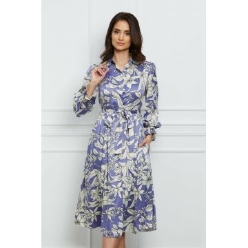 Rochie Dy Fashion bleu cu imprimeu alb si inchidere cu nasturi