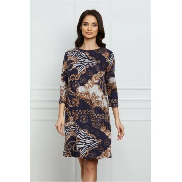 Rochie Dy Fashion bleumarin cu imprimeu maro si buzunare