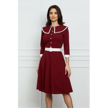 Rochie Dy Fashion bordo cu guler maxi si curea in talie