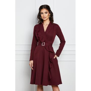 Rochie Dy Fashion bordo petrecuta cu volan si curea in talie