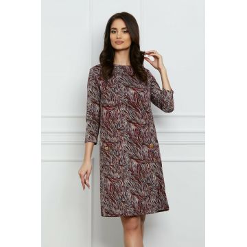 Rochie Dy Fashion cu imprimeuri bordo-albe si buzunare