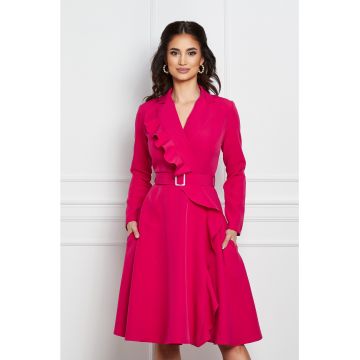 Rochie Dy Fashion fucsia petrecuta cu volan si curea in talie