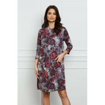 Rochie Dy Fashion gri cu imprimeuri florale rosii si buzunare Rochie Dy Fashion gri cu imprimeuri florale rosii si buzunare